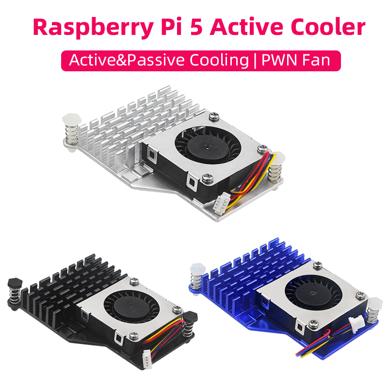 Pi Cooler - Raspberry pi 5アクティブクーラー,アルミニウムヒートシンク,調整可能なPWM速度ファン,黒と銀,青