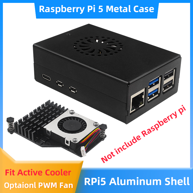 Pi Power Supply - Raspberry Pi 5 アルミニウム合金ケース ブラックメタルシェル オプションのアクティブクーラー速度調整可能な