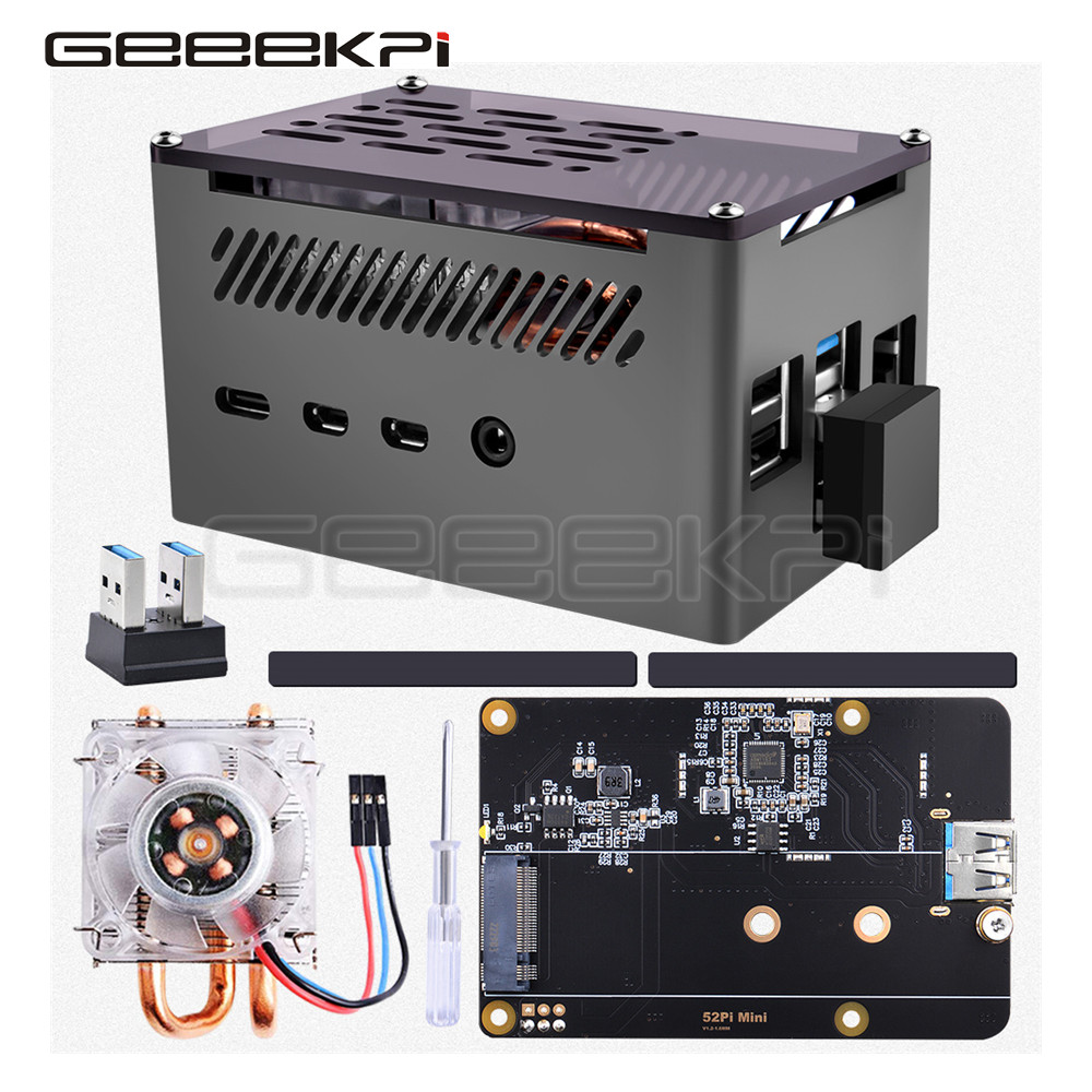 Pi 4 Case - Geekpi-アルミニウムレンガハウジング,m.2 sata ssd miniロープロファイルタワー,冷却ファン,4モデルb