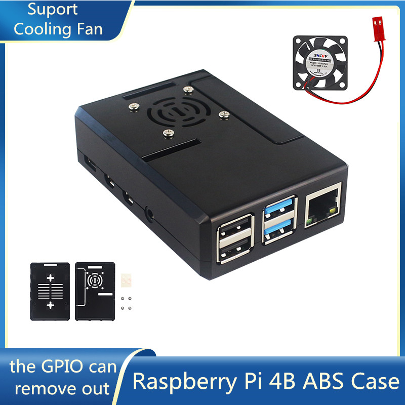 Pi Power Supply - ラズベリーパイ用ABSケース ブラックプラスチックシェル 取り外し可能なGPIOカバー オプションで冷却ファン付き ラズベリーパイ4B用
